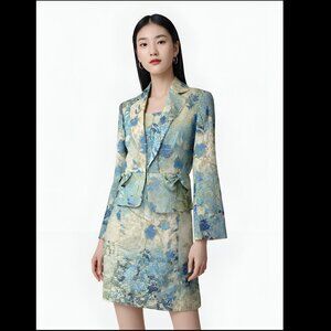 Nipon Beige Gold Periwinkle Tapestry Jacquard Sheath Dress Peplum Blazer Suit 4P